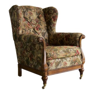 Lillian August for Drexel Heritage Tufted Wingback Chair With Scroll Arms and Brass Casters For Sale