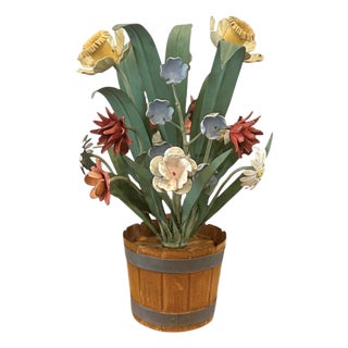 Vintage Italian Tole Peinte Barrel Potted Floral Arrangement Sculpture / Toleware Floral With Daffodils & Bluebells, Made in Italy, a Pair For Sale