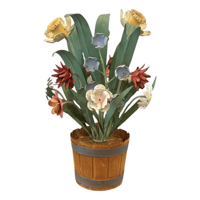 Vintage Italian Tole Peinte Barrel Potted Floral Arrangement Sculpture / Toleware Floral With Daffodils & Bluebells, Made in Italy, a Pair For Sale