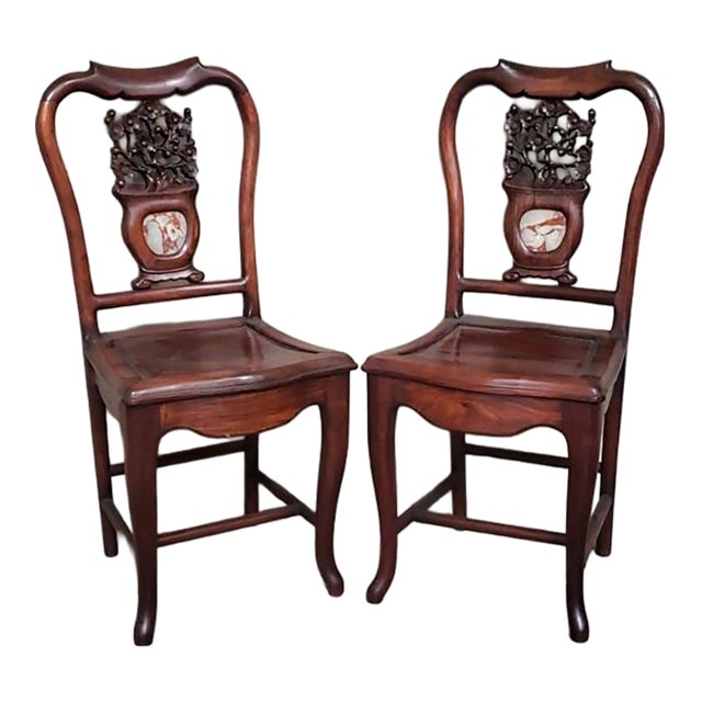 Pair of Hand-Carved Chinese Hardwood Horseshoe Back Side Chairs With Marble Insets For Sale