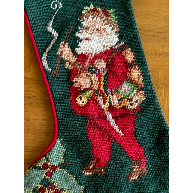 1990s Wool Needlepoint and Red Velvet Father Christmas Stocking For Sale - Image 4 of 5