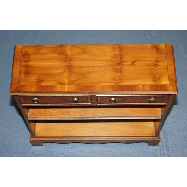 Gold Vintage Burr Yew Wood Open Dwarf Library Bookcase with Two Drawers For Sale - Image 8 of 13