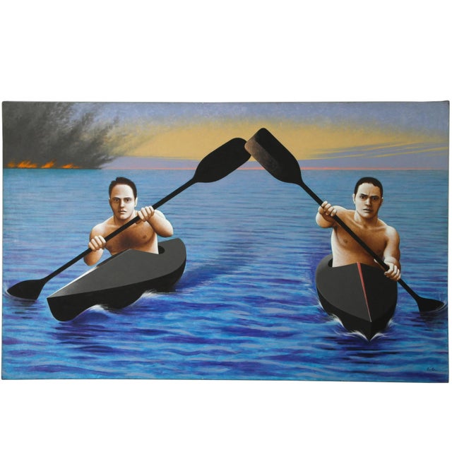 Kayakers Escaping from a Disaster Painting by Lynn Curlee For Sale