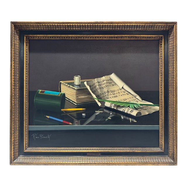 Rino Pianetti Signed Original Oil Painting Musical Still Life Books Sheet Music Framed For Sale