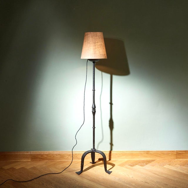 Black Vintage French Floor Lamp inn Wrought Iron with Tripod Base, 1930s For Sale - Image 8 of 8