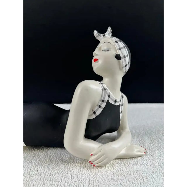 Art Deco French Style Bathing Beauty Resin Figurine in Black & White Gingham Swimsuit For Sale - Image 3 of 18