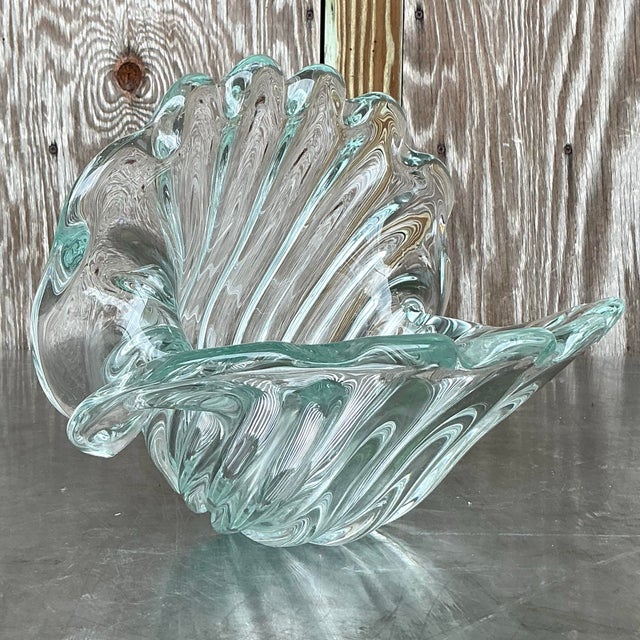 Vintage Italian Art Glass Clam Shell Bowl After Murano Seguso | Chairish