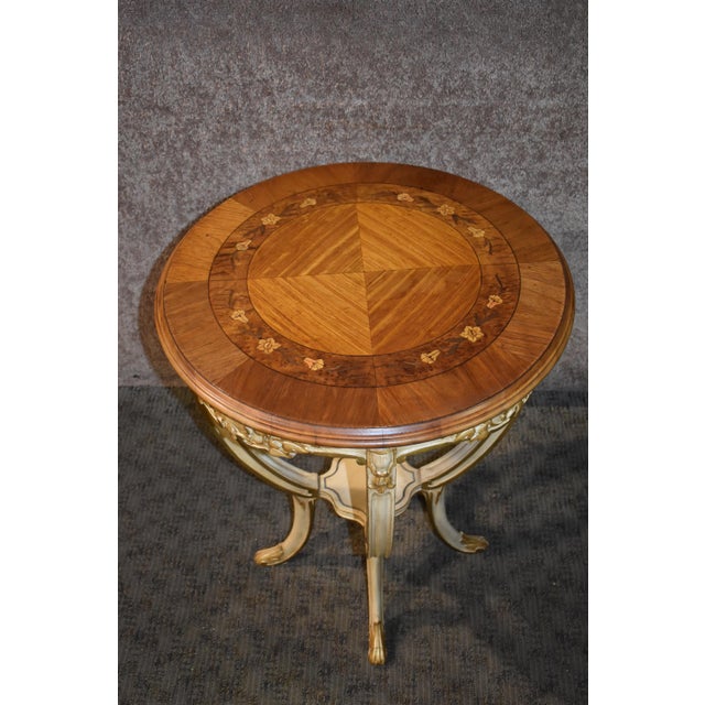 Antique Carved & Inlaid Round French Provincial Table W/Gold Highlights
