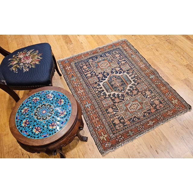 19th Century Persian Heriz Karajeh Rug, Hand-Knotted Wool, Geometric Pattern, Blue & Green, 4x5 For Sale - Image 16 of 16