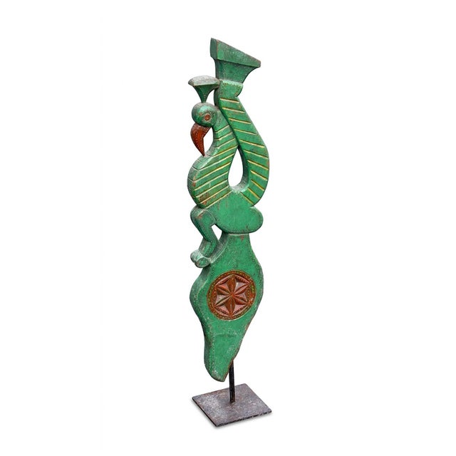 Contemporary Monumental Early 20th Century Indian Hand-Carved Peacock Architectural Corbel on Iron Gallery Stand For Sale - Image 3 of 4