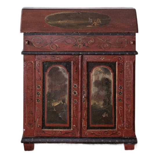 19th C. Continental Painted Slant-Front Secretary With Figural Scenes For Sale