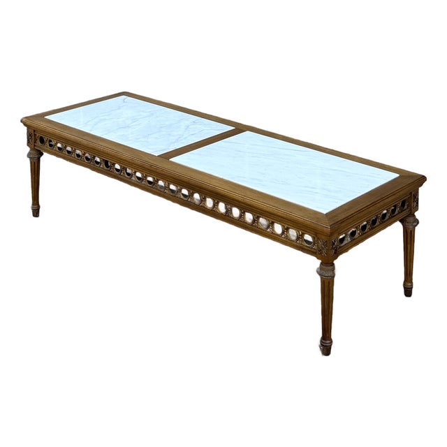 Vintage Gordon's Fine Furniture French Louis XVI Walnut Coffee Table With Italian Marble Inserts For Sale