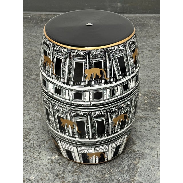 Design Plus Gallery presents a Fornasetti Casa con Colonne Stool. This is a hand-decorated cylindrical metal stool that...