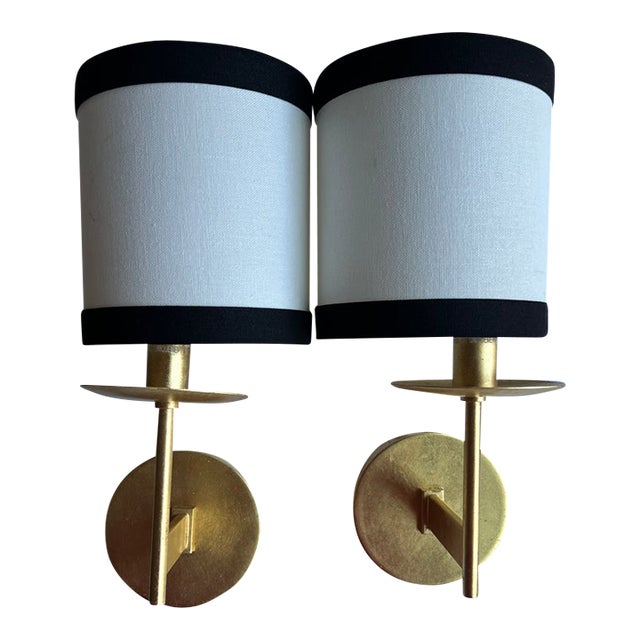 Kate Spade New York Walker Small Sconces in Gild With Cream Linen Shade With Black Linen Trim - Pair For Sale