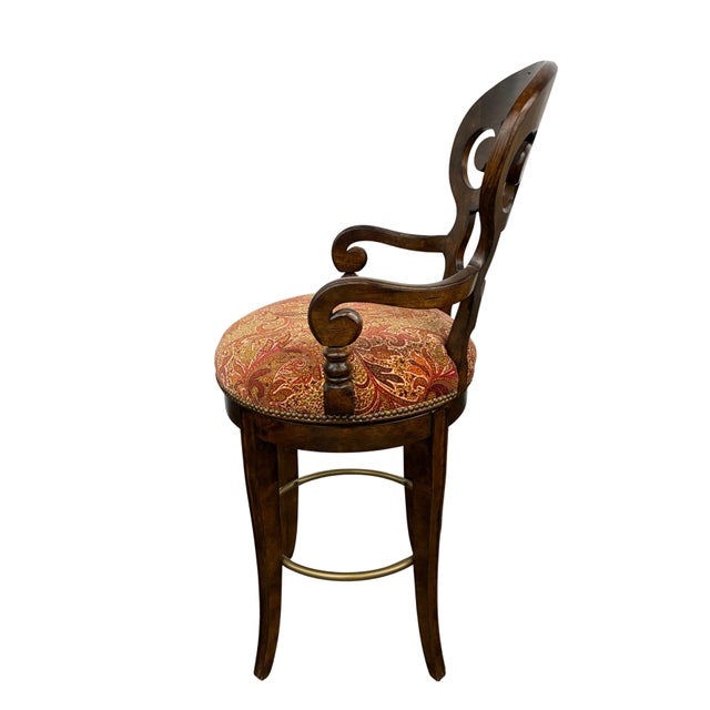 Century Furniture Pair of Century Furniture Carved Wood Swivel Bar Stools With Paisley Upholstery For Sale - Image 4 of 8