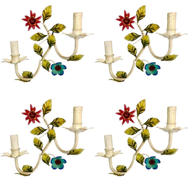 Gold Floral Wall Lights in Hand Paint Metal, 1960s, Set of 4 For Sale - Image 8 of 8