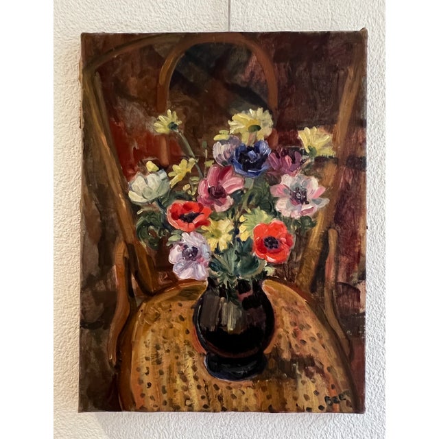 Charles Beer, Bouquet of Flowers in Vase on an Armchair, 1920s, Oil on Canvas, in Very Good conditions. Designed 1920 to...
