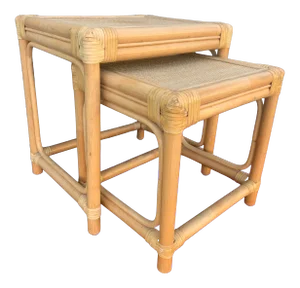 Bamboo Wicker Rattan and Leather Nesting Tables- a Pair