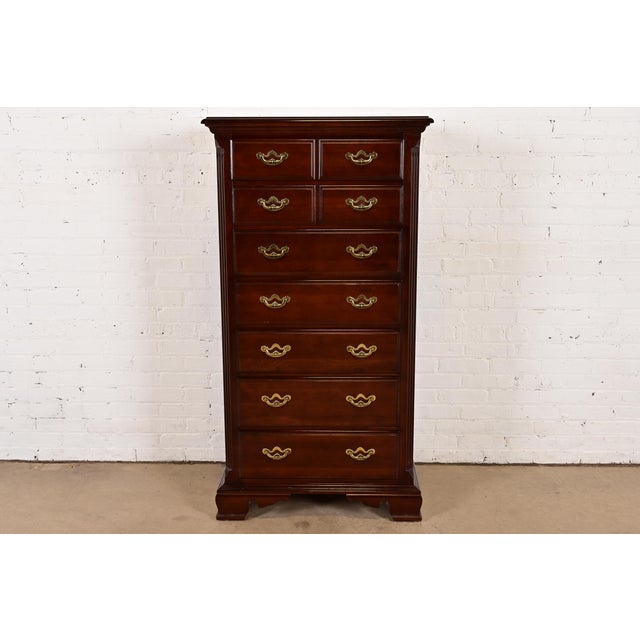 1980s Thomasville Georgian Carved Cherry Wood Lingerie Chest or Highboy Dresser For Sale - Image 13 of 13