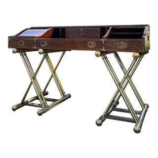 Vintage Drexel Oxford Square Campaign Roll Top Desk by John Van Koert With Gilt X-Base For Sale