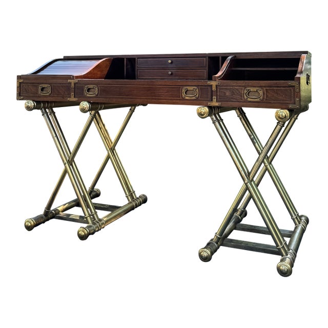 Vintage Drexel Oxford Square Campaign Roll Top Desk by John Van Koert With Gilt X-Base For Sale