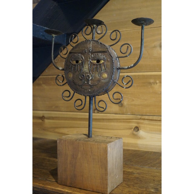 Brutalist 1960s Wrought Iron Sun and Moon Faces Candelabra For Sale - Image 3 of 9