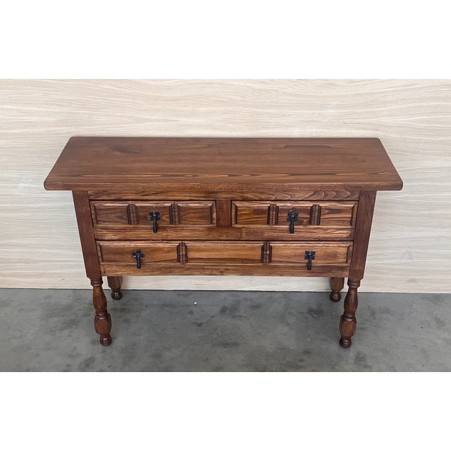19th Century Catalan Spanish Carved Walnut Console Sofa Table, Four Drawers For Sale - Image 4 of 10