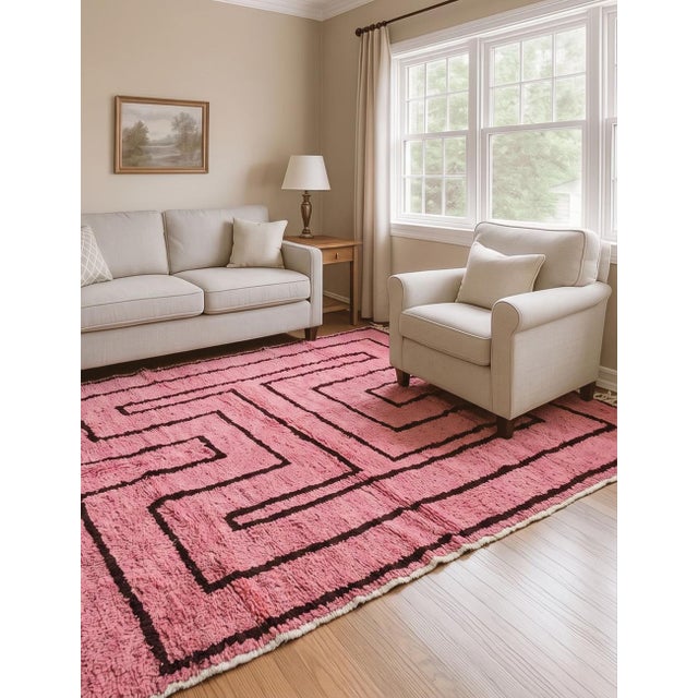 Contemporary Moroccan Rug | Handwoven Berber Wool Rug with Pink Field and Maze-Like Linework This bold contemporary rug...