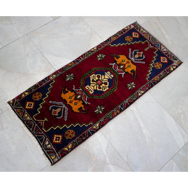 1970s Hand Knotted Turkish Small Rug Decorative Mat for Bathroom -Kitchen and Entryway- 18'' X 42'' For Sale - Image 9 of 9