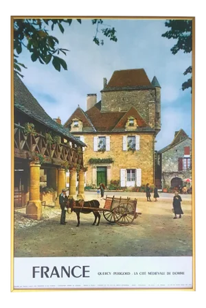 Vintage Mid Century " Perigord France " Photo Lithograph Print Framed French Country Travel Poster