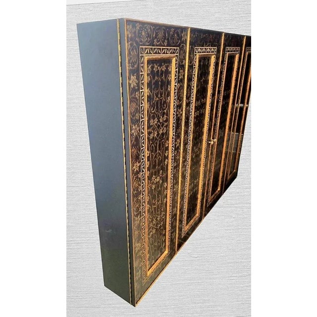 Wood Monumental Vintage Maitland Smith Gold Black 4 Door Flat Screen Tv Hideaway Wall Mounted Cabinet For Sale - Image 7 of 15