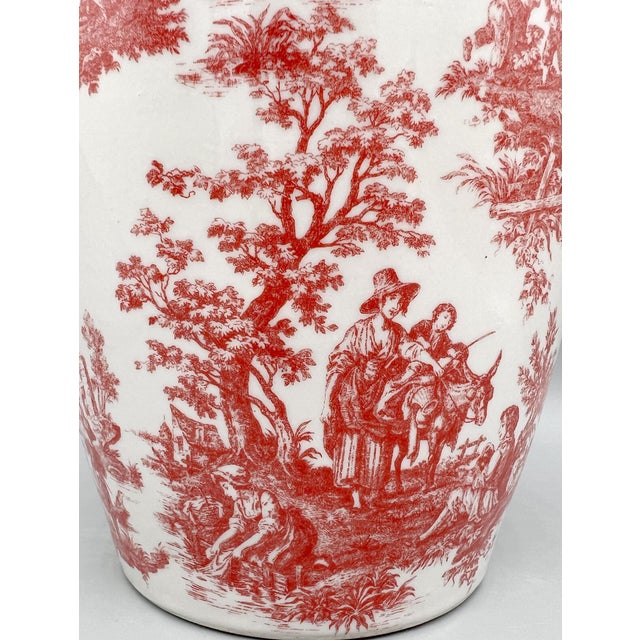 Gien Vintage Red Transfer Ware Ceramic Cachepot Planter - European Pastoral Scene, Cottagecore, Grandmillennial For Sale - Image 4 of 13