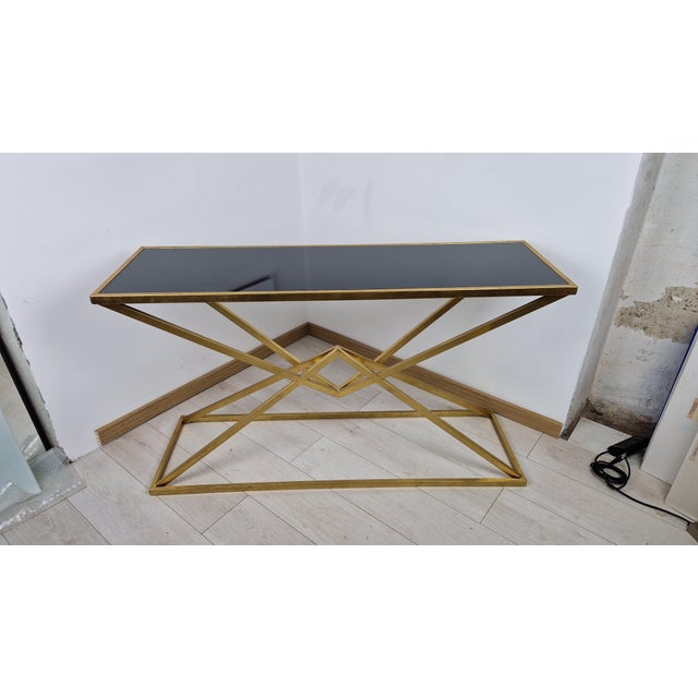 Console Table in Brass-Plated Iron and Black Glass Top For Sale - Image 9 of 10