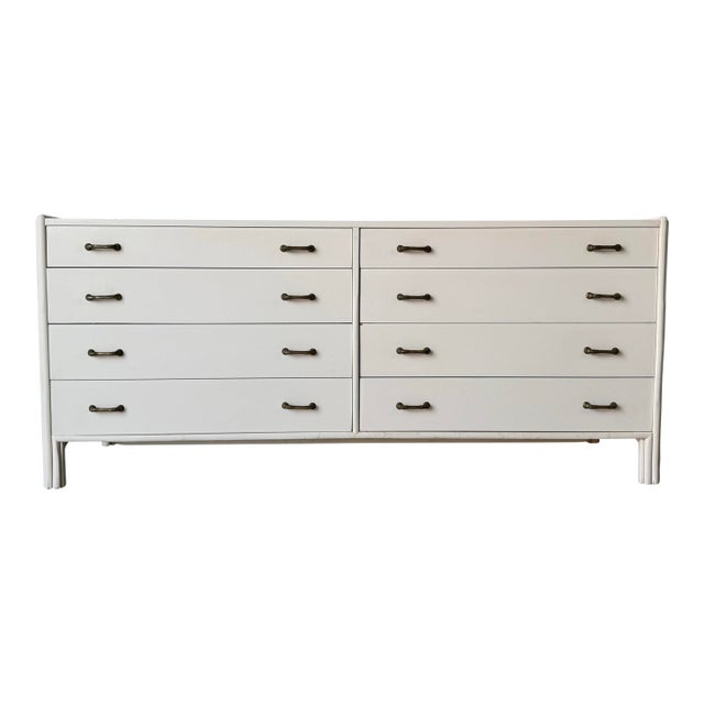 1970s Vintage John McGuire Eight Drawers Wood and Rattan White Painted Dresser With Solid Brass Pulls For Sale
