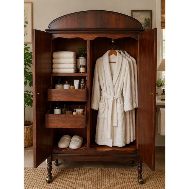Art Deco Antique Art Deco Mahogany Chifforobe — Cedar Lining, Carved Doors, Brass Casters, C. 1930s–1940s For Sale - Image 3 of 11