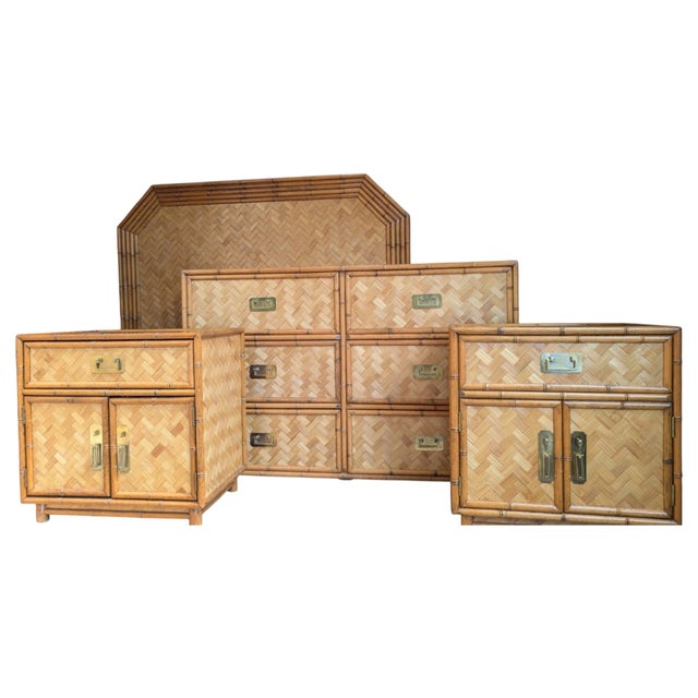 Wood Vintage Faux Bamboo Pair of 2 Nightstands With Herringbone Parquet Rattan Fronts, in the Style of Dixie For Sale - Image 7 of 13