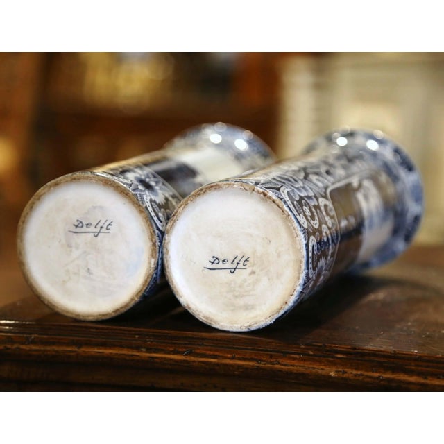 Pair of 19th Century Dutch Delft Blue and White Faience Cattle Scene Vases For Sale - Image 11 of 13