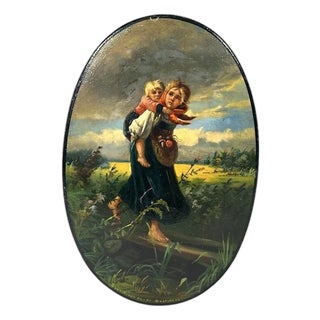 Fedoskino Lacquered Box, Children Running from Storm, Mid 20th Century For Sale