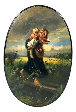 Fedoskino Lacquered Box, Children Running from Storm, Mid 20th Century