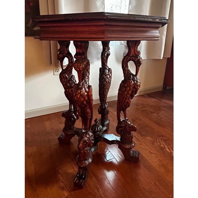 American Antique 1920’s Figural Carved Storks With Rams Heads Octagonal Lamp Table For Sale - Image 3 of 12