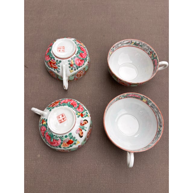 Vintage Chinese Export Famille Rose Medallion Canton Porcelain Tea Service | 11 Piece Hand-Painted Teapot Set With Cups, Creamer & Covered Bowls For Sale - Image 12 of 12