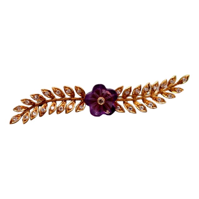 Gold Brooch with Brilliant Cut Diamonds For Sale