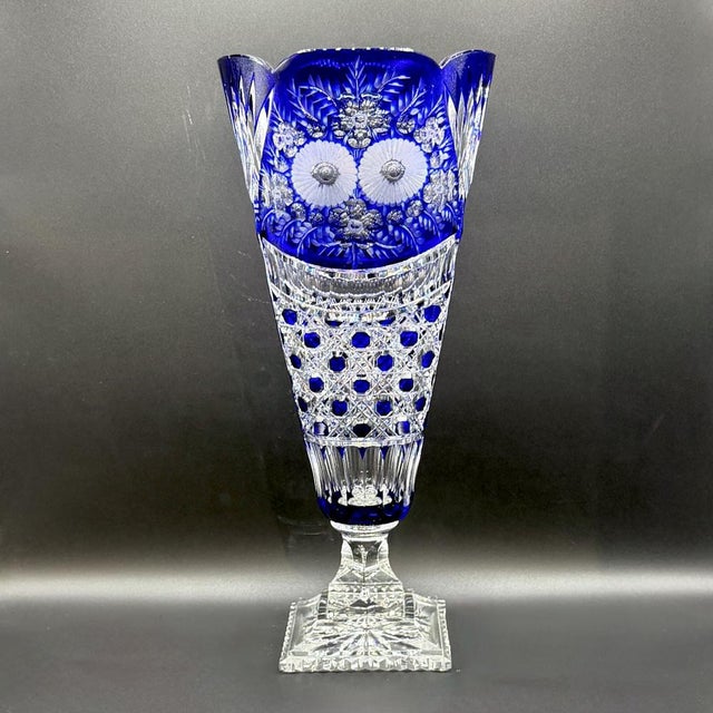 Vintage Crystal Cobalt Blue Overlay Cut Crystal Vase from Meissen, 1960s For Sale - Image 6 of 18