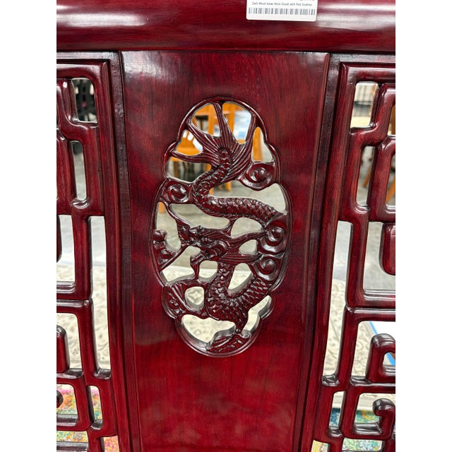 Vintage Chinese Rosewood Three-Seat Sofa With Hand-Carved Dragon Medallions and Red Silk Cushion For Sale - Image 10 of 11