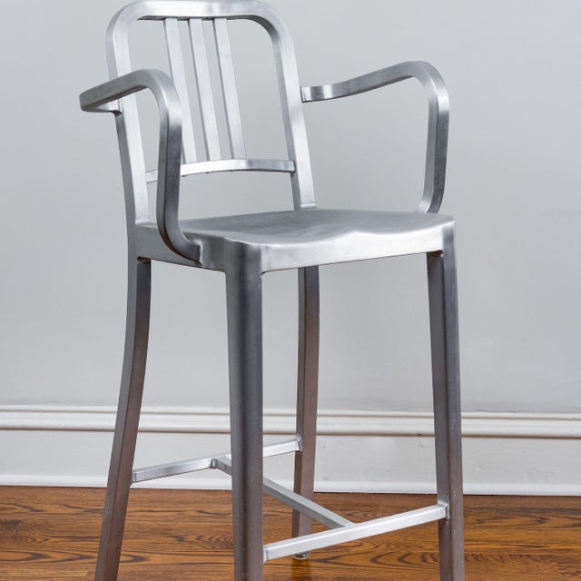 Modern 1990s Set of 2 Emeco Brushed Aluminum Bar Stools With Arms For Sale - Image 3 of 6