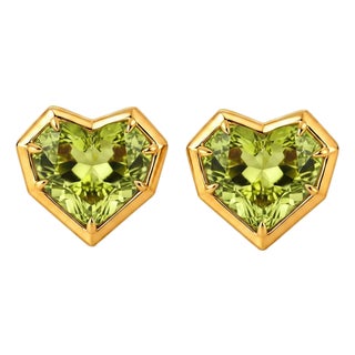 Geometric Heart Peridot Stud Earrings, Silver, Gold, Pair For Sale