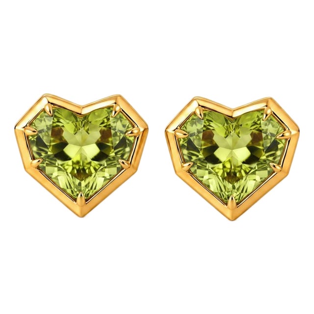 Geometric Heart Peridot Stud Earrings, Silver, Gold, Pair For Sale