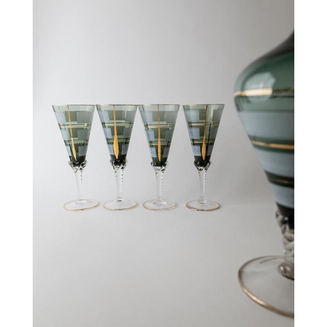 Vintage Italian Blue Murano Glass Liqueur Decanter Glasses with Hand Painted Gilt Details, 1950s, Set of 5 For Sale - Image 9 of 15