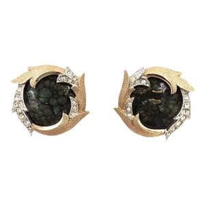 Vintage Late 1950s Boucher Goldtone Green Enamel & Rhinestone Clip Earrings - 2 Pieces