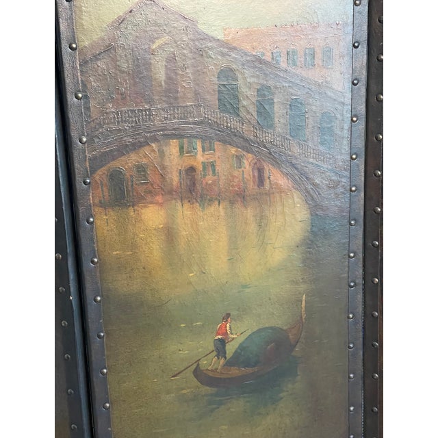 Fabulous 19 th century Antique Italian folders big screen room divider. Venetian screen of Ponte Rialto , Handpainted on...